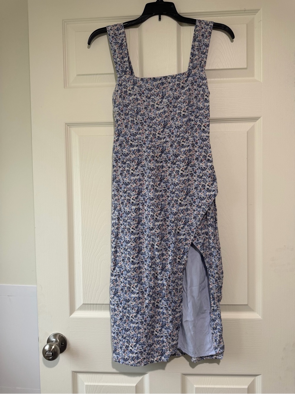 Blue Floral Square-Neck Midi Dress with Side Slit